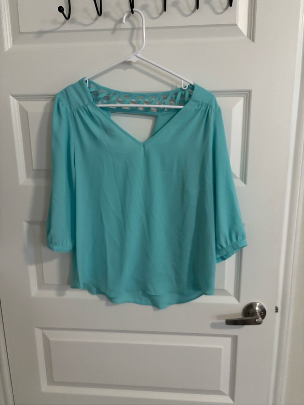 a new day Turquoise V-Neck Blouse with Lattice Back